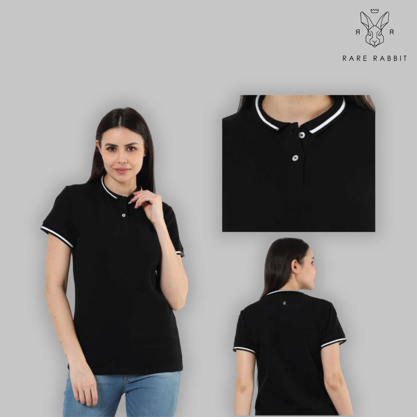 Rare Rabbit Women’s Polo Tee – Black with White Tipping