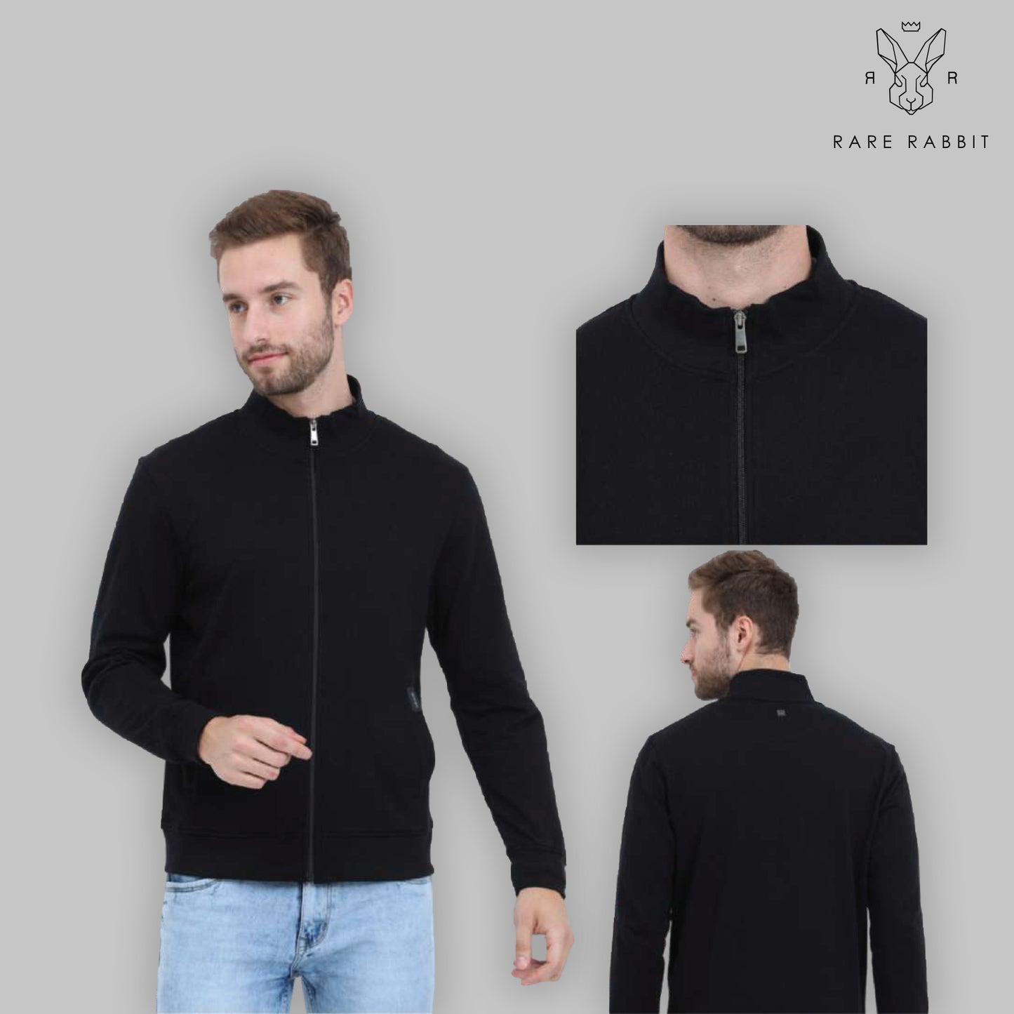 Rare Rabbit Black Cotton Zip Sweatshirt (Unisex)